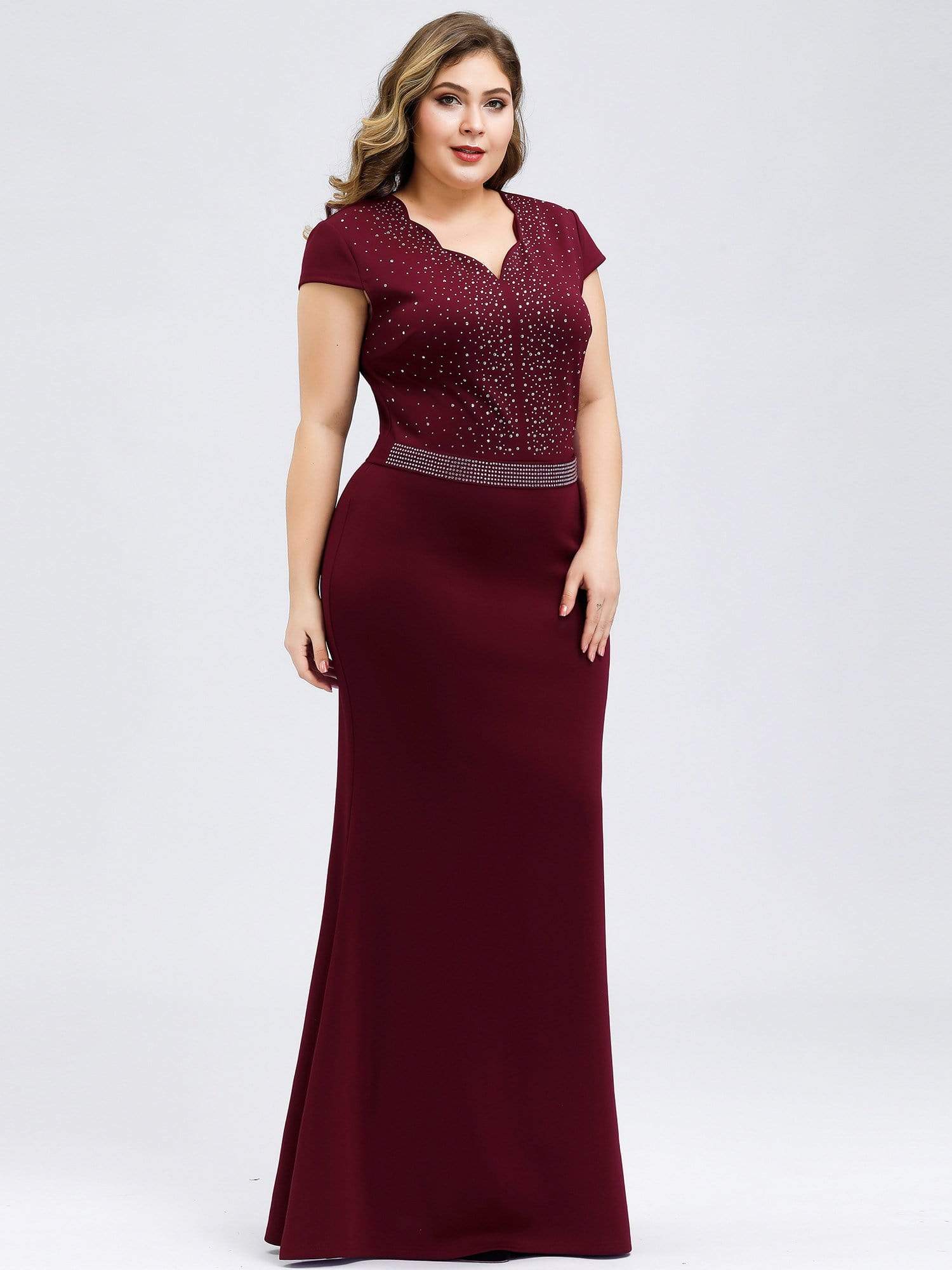 Color=Burgundy | V Neck Fishtail Plus Size Evening Dress-Burgundy 4