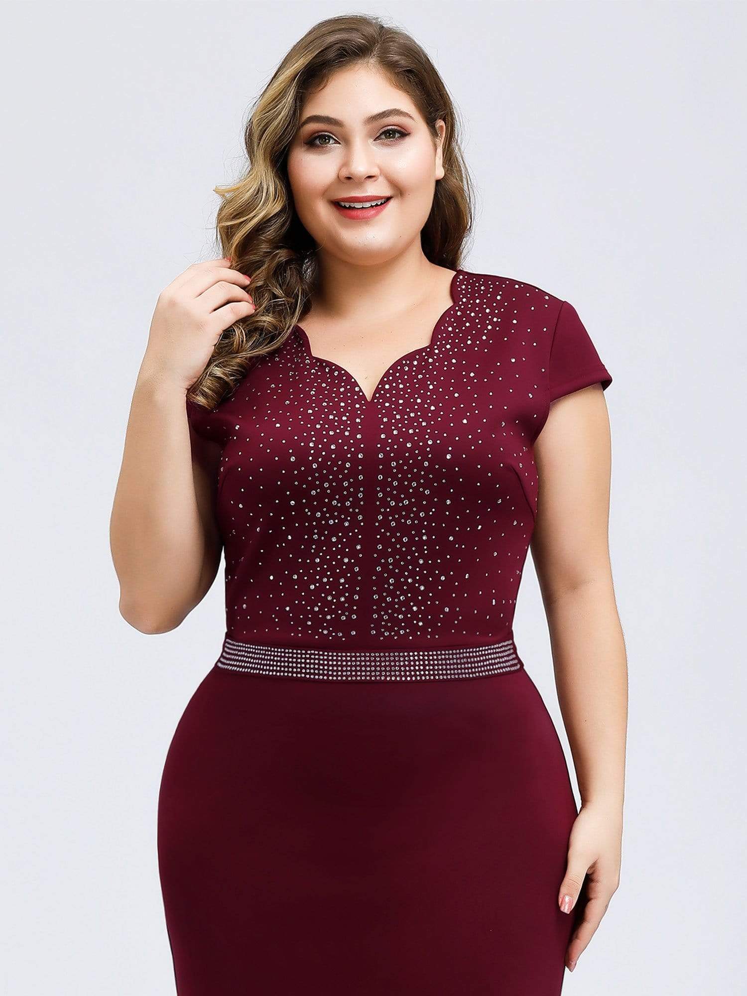 Color=Burgundy | V Neck Fishtail Plus Size Evening Dress-Burgundy 5