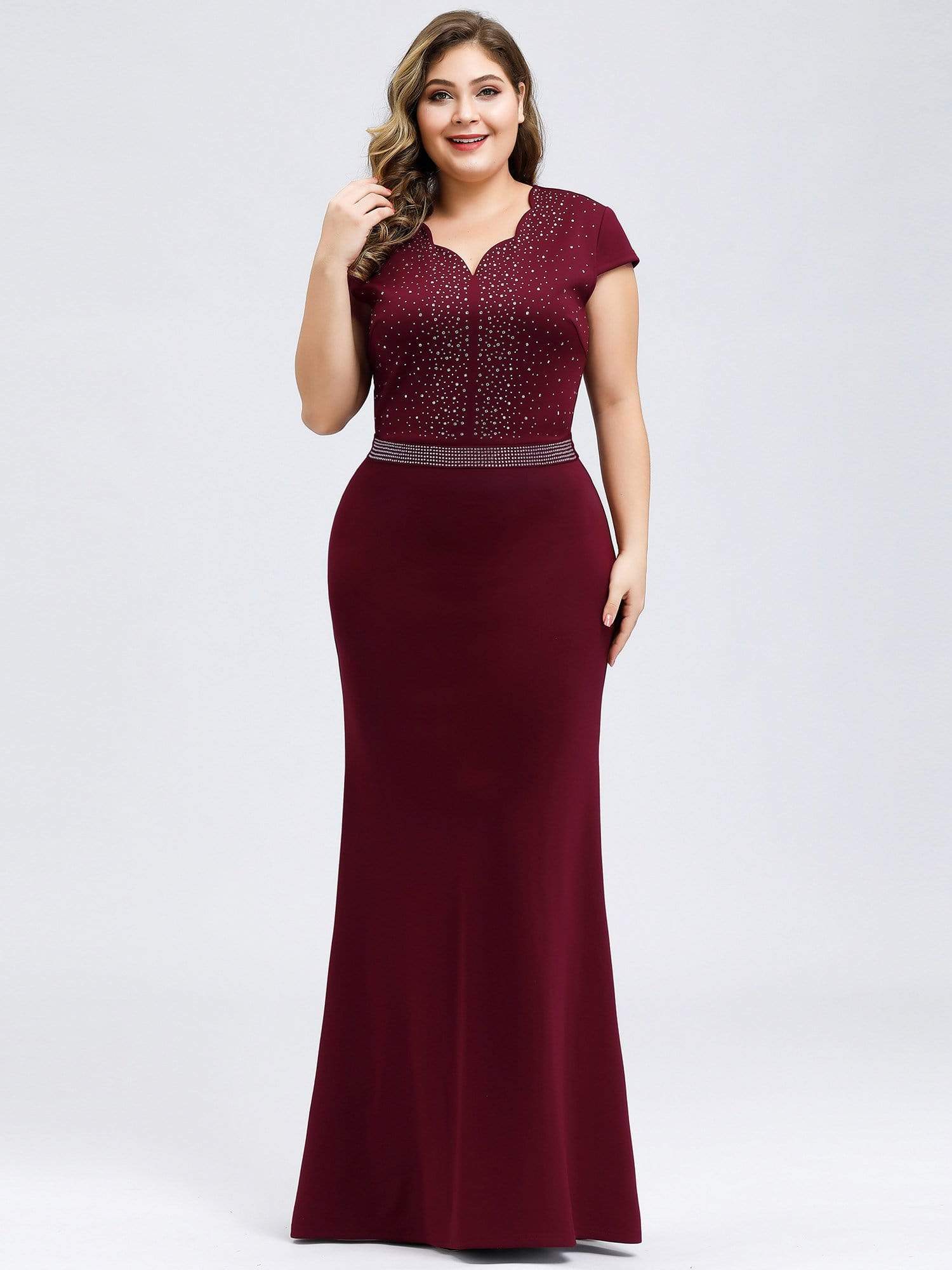 Color=Burgundy | V Neck Fishtail Plus Size Evening Dress-Burgundy 1