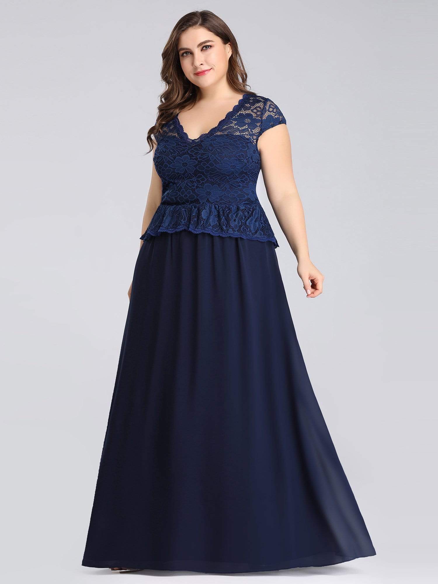 Color=Navy Blue | Long Navy Blue Evening Dress With Lace Bodice-Navy Blue 3