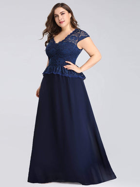 Color=Navy Blue | Long Navy Blue Evening Dress With Lace Bodice-Navy Blue 4