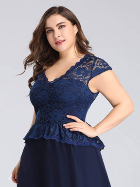 Color=Navy Blue | Long Navy Blue Evening Dress With Lace Bodice-Navy Blue 5