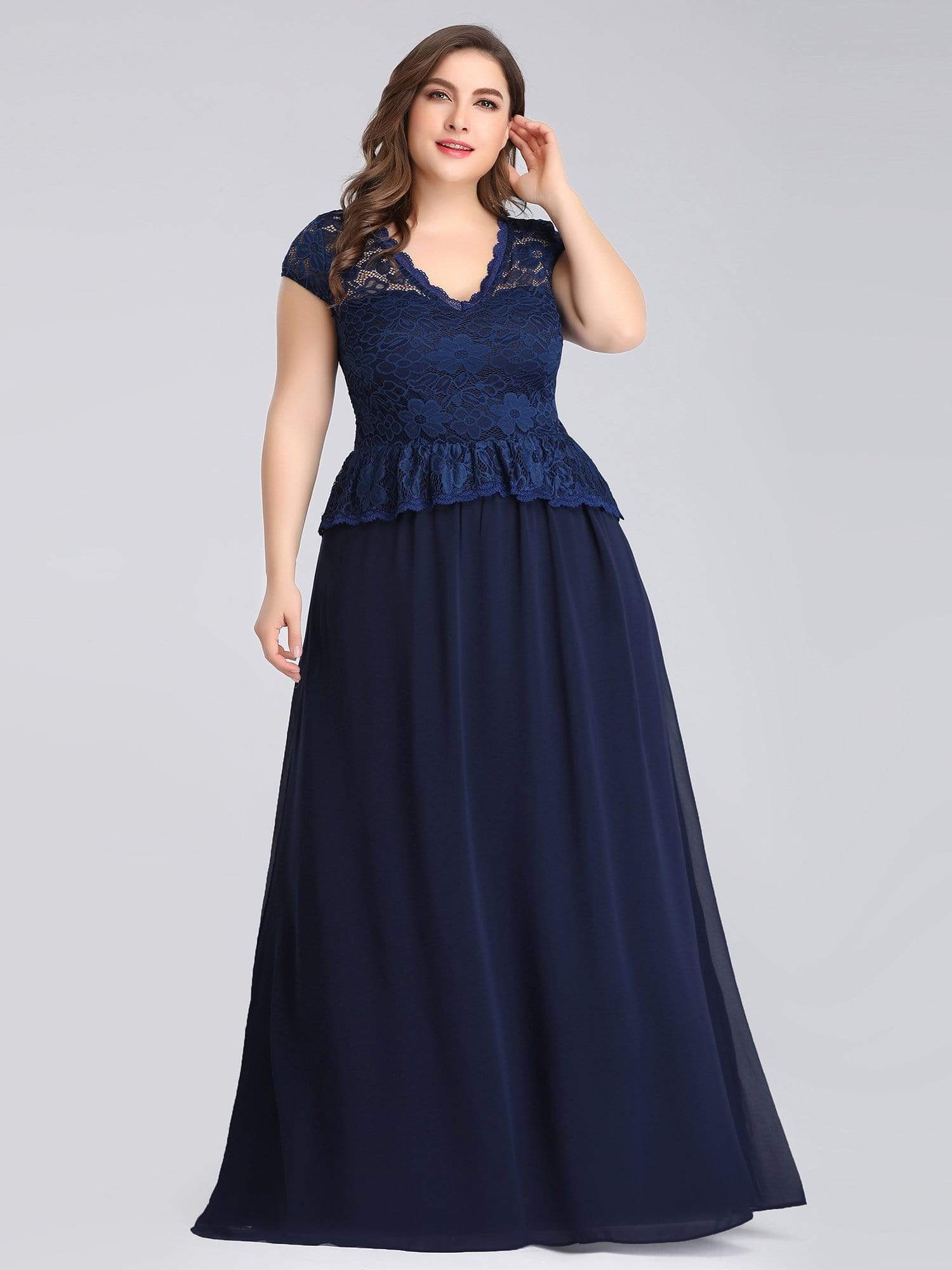 Color=Navy Blue | Long Navy Blue Evening Dress With Lace Bodice-Navy Blue 1