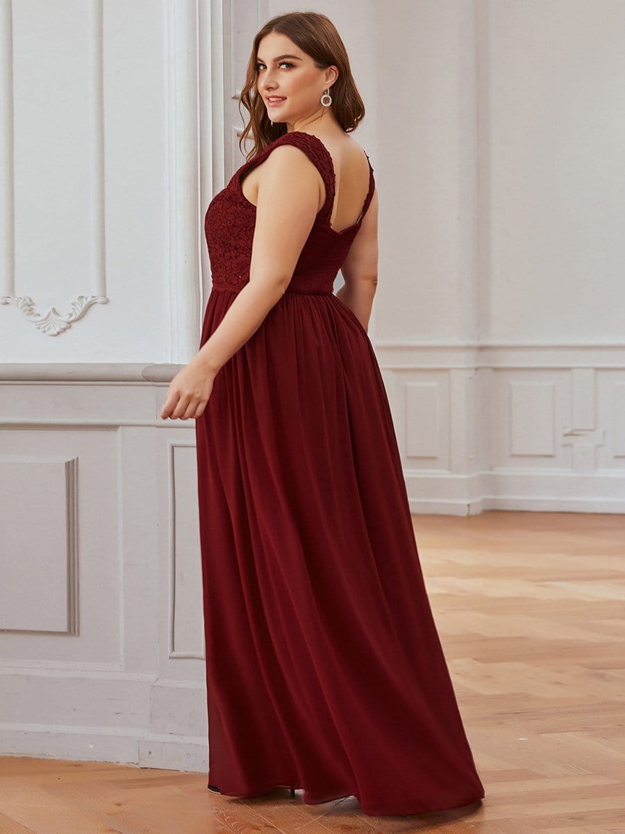COLOR=Burgundy | Long Chiffon Evening Dress With Lace Bodice & V Neck-Burgundy 7