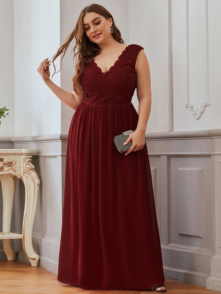 COLOR=Burgundy | Long Chiffon Evening Dress With Lace Bodice & V Neck-Burgundy 8