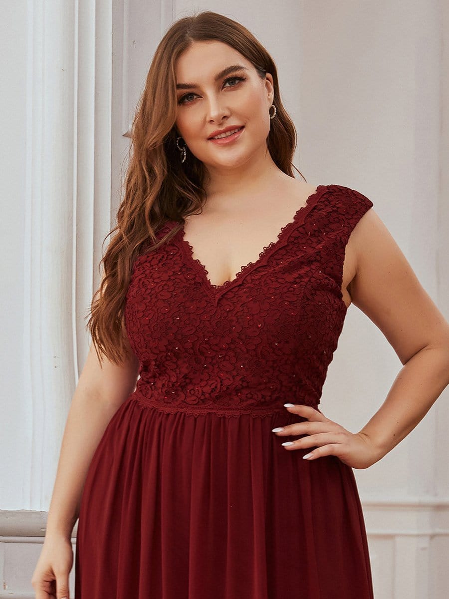 COLOR=Burgundy | Long Chiffon Evening Dress With Lace Bodice & V Neck-Burgundy 10