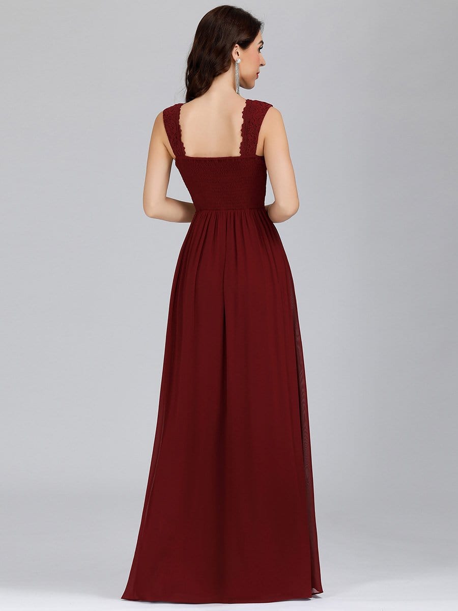 COLOR=Burgundy | Long Chiffon Evening Dress With Lace Bodice & V Neck-Burgundy 2