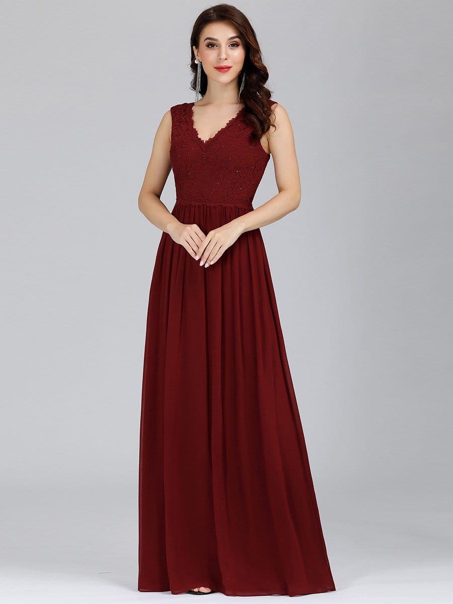 COLOR=Burgundy | Long Chiffon Evening Dress With Lace Bodice & V Neck-Burgundy 3