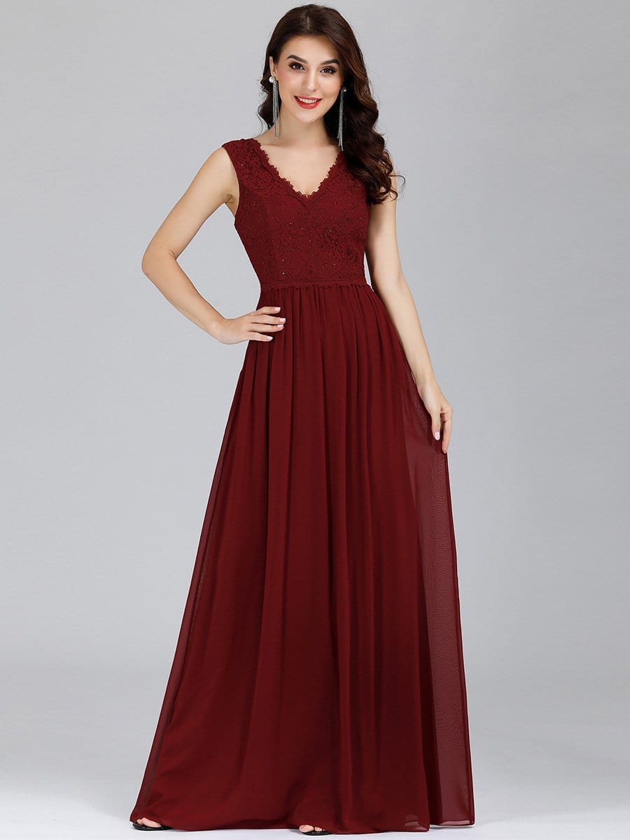 COLOR=Burgundy | Long Chiffon Evening Dress With Lace Bodice & V Neck-Burgundy 4