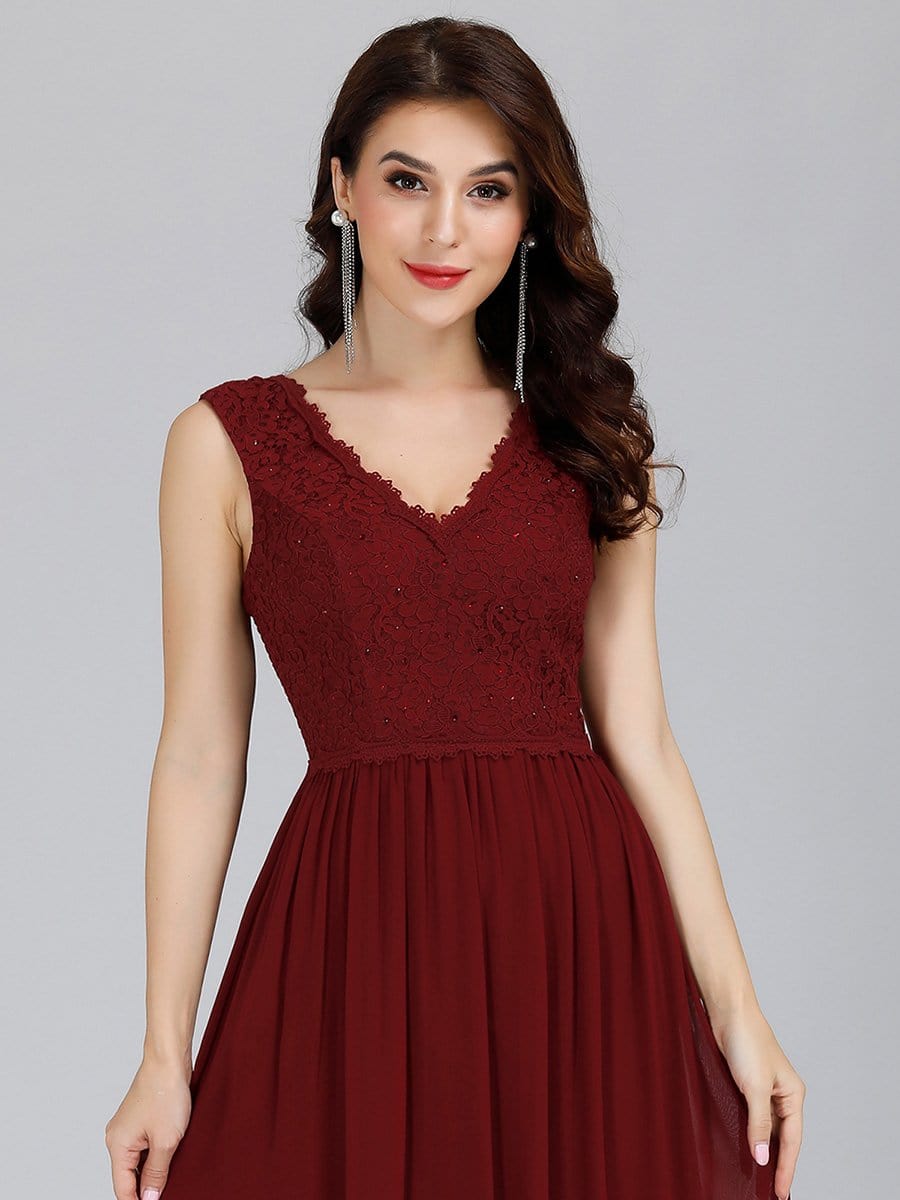 COLOR=Burgundy | Long Chiffon Evening Dress With Lace Bodice & V Neck-Burgundy 5