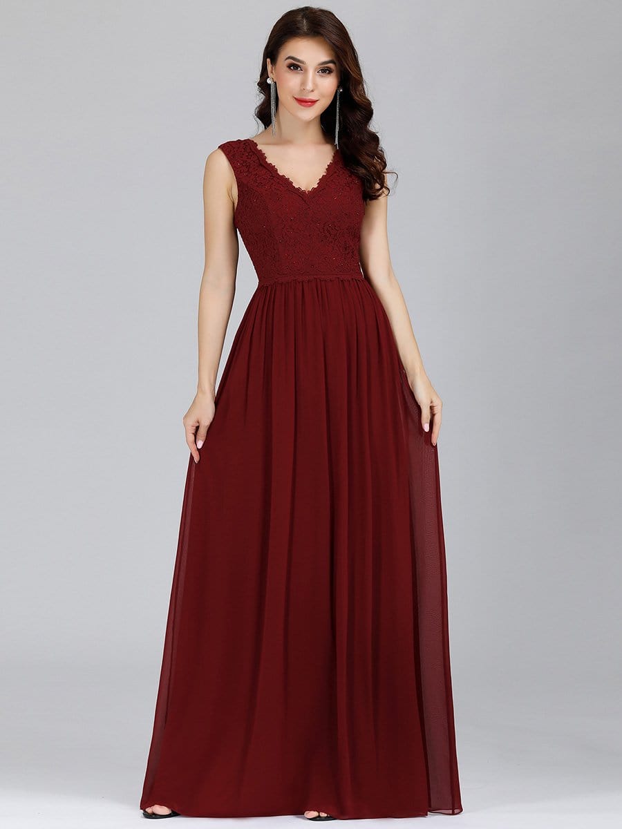 COLOR=Burgundy | Long Chiffon Evening Dress With Lace Bodice & V Neck-Burgundy 1