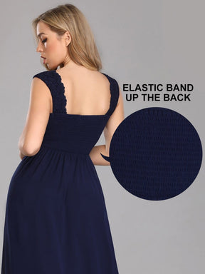 COLOR=Navy Blue | Long Chiffon Evening Dress With Lace Bodice & V Neck-Navy Blue 6