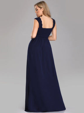 COLOR=Navy Blue | Long Chiffon Evening Dress With Lace Bodice & V Neck-Navy Blue 2