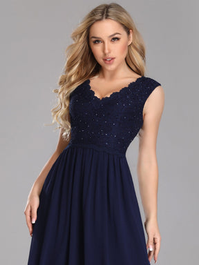 COLOR=Navy Blue | Long Chiffon Evening Dress With Lace Bodice & V Neck-Navy Blue 5