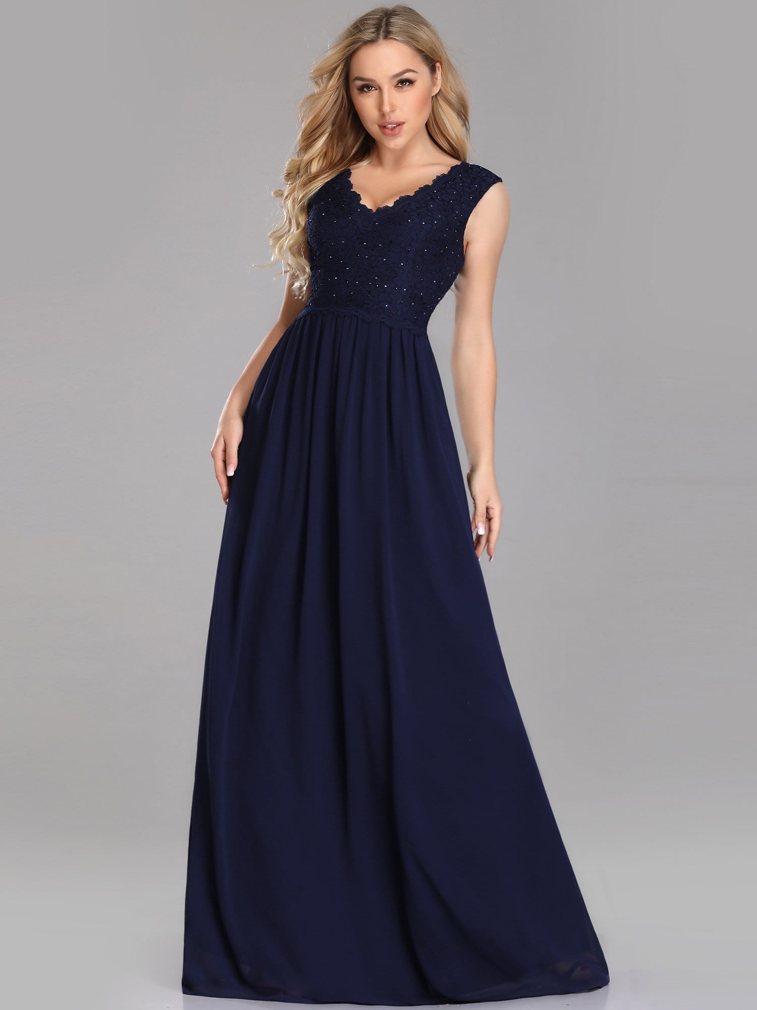 COLOR=Navy Blue | Long Chiffon Evening Dress With Lace Bodice & V Neck-Navy Blue 1