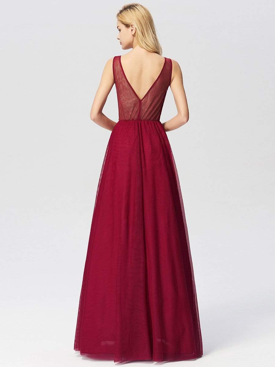 COLOR=Burgundy | Women Elegant V Neck Sleeveless Lace Evening Cocktail Party Dresses-Burgundy 10