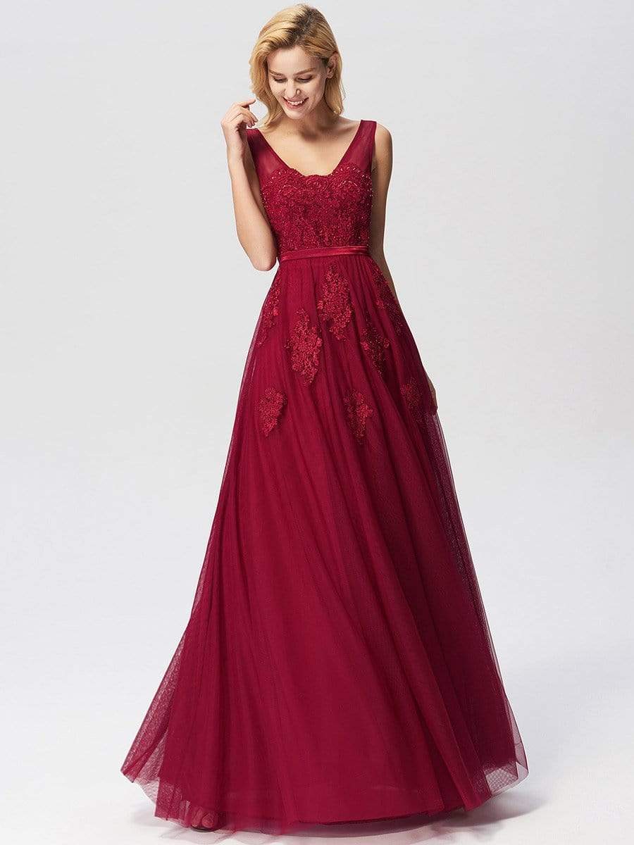 COLOR=Burgundy | Women Elegant V Neck Sleeveless Lace Evening Cocktail Party Dresses-Burgundy 11