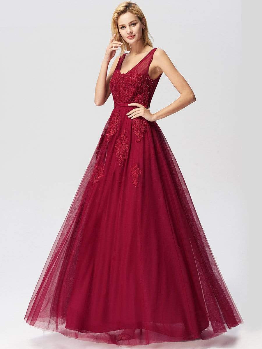 COLOR=Burgundy | Women Elegant V Neck Sleeveless Lace Evening Cocktail Party Dresses-Burgundy 12