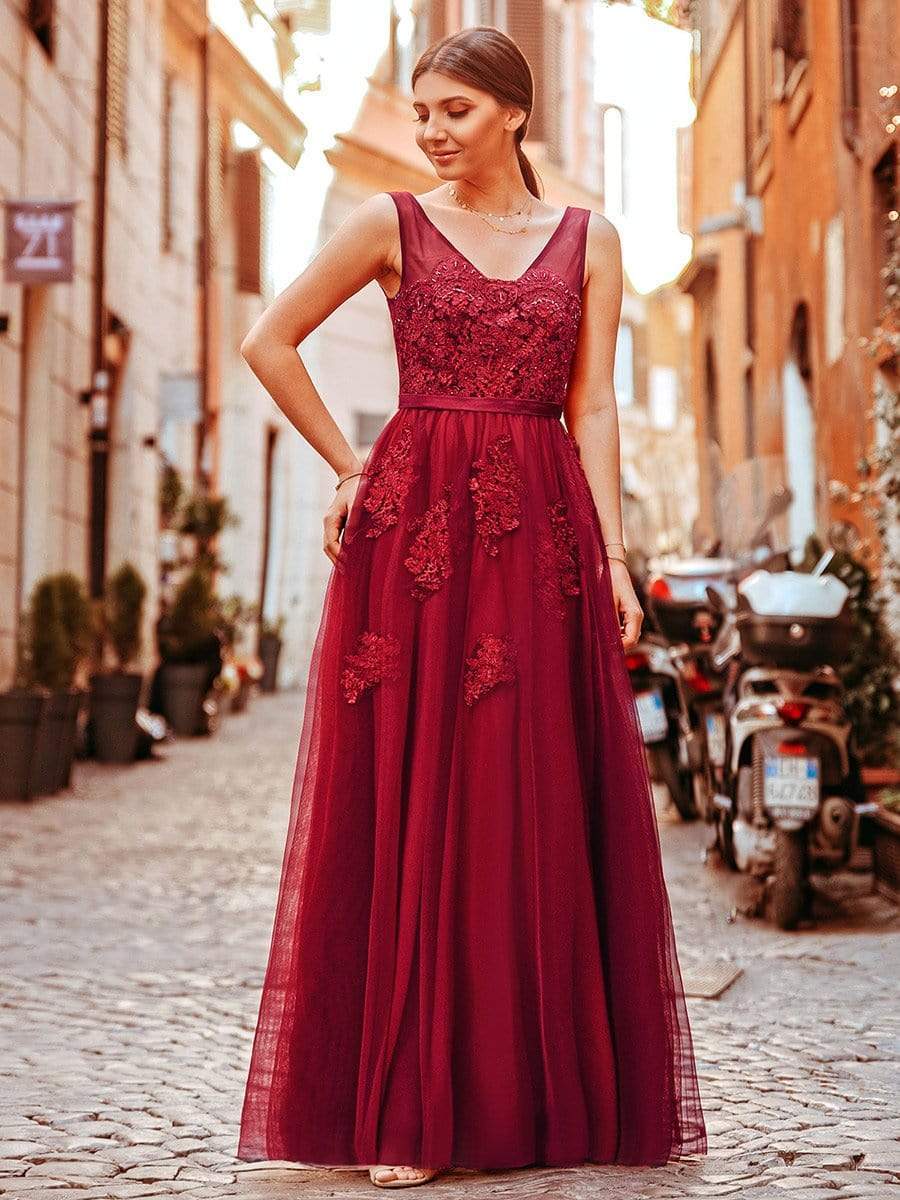 COLOR=Burgundy | Women Elegant V Neck Sleeveless Lace Evening Cocktail Party Dresses-Burgundy 2