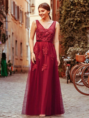 COLOR=Burgundy | Women Elegant V Neck Sleeveless Lace Evening Cocktail Party Dresses-Burgundy 3