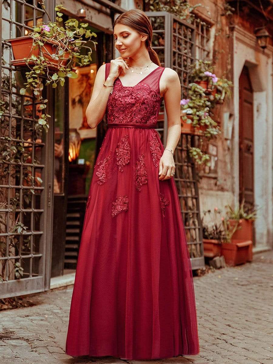 COLOR=Burgundy | Women Elegant V Neck Sleeveless Lace Evening Cocktail Party Dresses-Burgundy 6