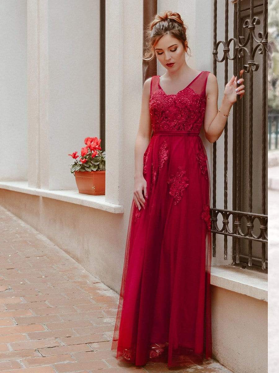 COLOR=Burgundy | Women Elegant V Neck Sleeveless Lace Evening Cocktail Party Dresses-Burgundy 8