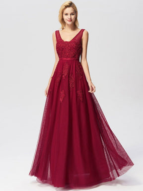 COLOR=Burgundy | Women Elegant V Neck Sleeveless Lace Evening Cocktail Party Dresses-Burgundy 9