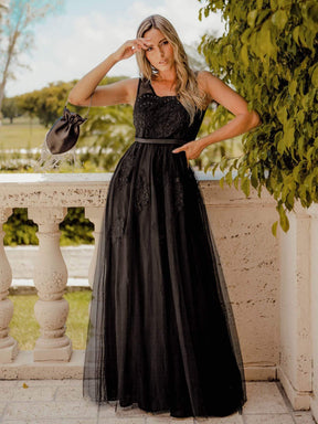 COLOR=Black | Women Elegant V Neck Sleeveless Lace Evening Cocktail Party Dresses-Black 1