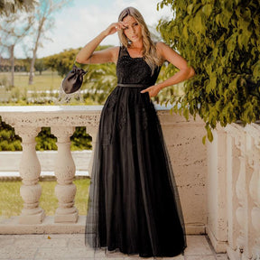 COLOR=Black | Women Elegant V Neck Sleeveless Lace Evening Cocktail Party Dresses-Black 2