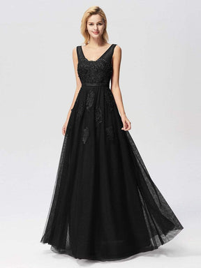 COLOR=Black | Women Elegant V Neck Sleeveless Lace Evening Cocktail Party Dresses-Black 7
