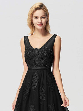 COLOR=Black | Women Elegant V Neck Sleeveless Lace Evening Cocktail Party Dresses-Black 9