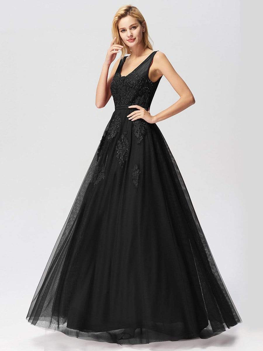 COLOR=Black | Women Elegant V Neck Sleeveless Lace Evening Cocktail Party Dresses-Black 5