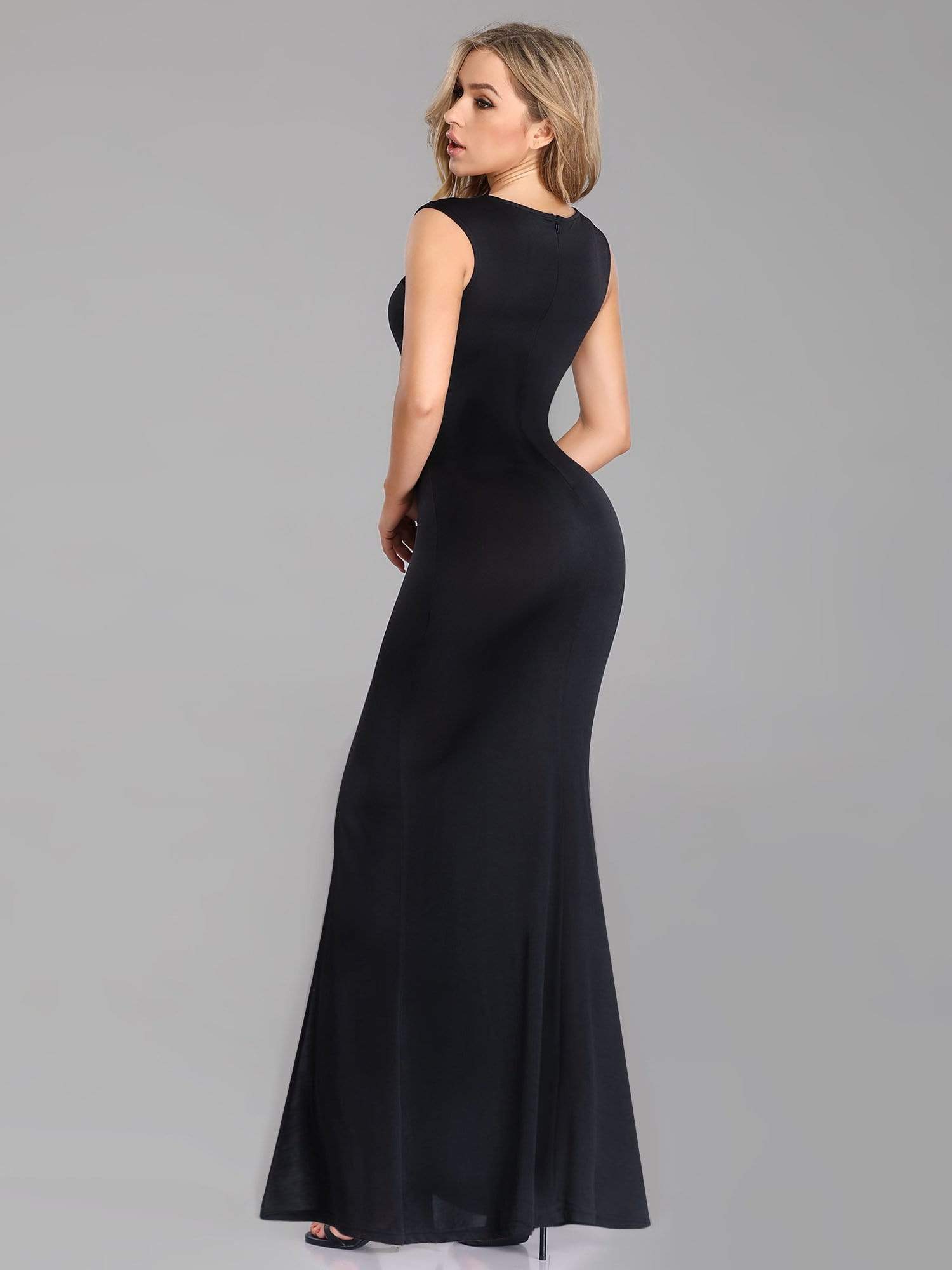 Color=Black | Long Black Evening Dress With Shoulder Applique-Black 3
