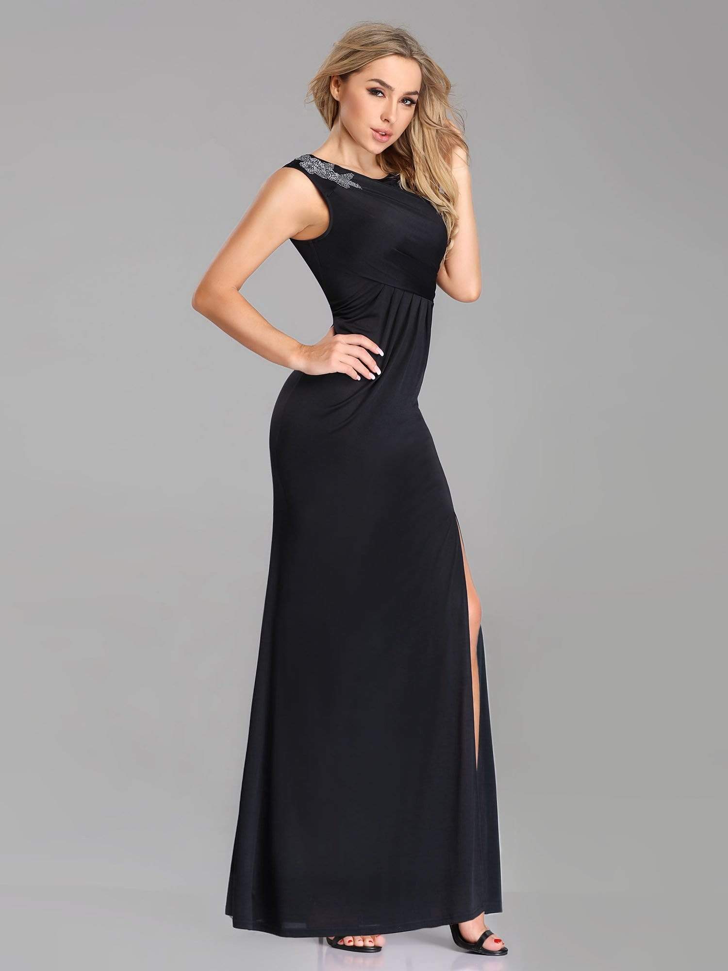 Color=Black | Long Black Evening Dress With Shoulder Applique-Black 4