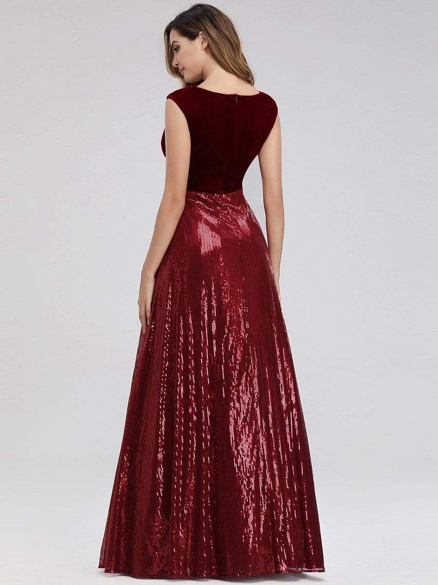 COLOR=Burgundy | Floor Length Velvet And Sequin Evening Dress-Burgundy 3