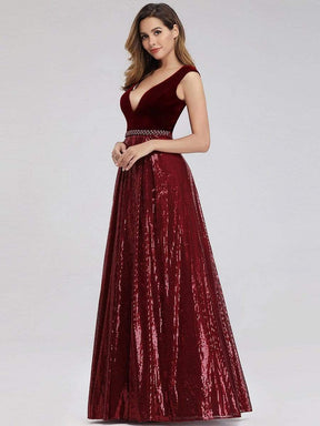 COLOR=Burgundy | Floor Length Velvet And Sequin Evening Dress-Burgundy 4