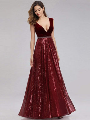 COLOR=Burgundy | Floor Length Velvet And Sequin Evening Dress-Burgundy 5