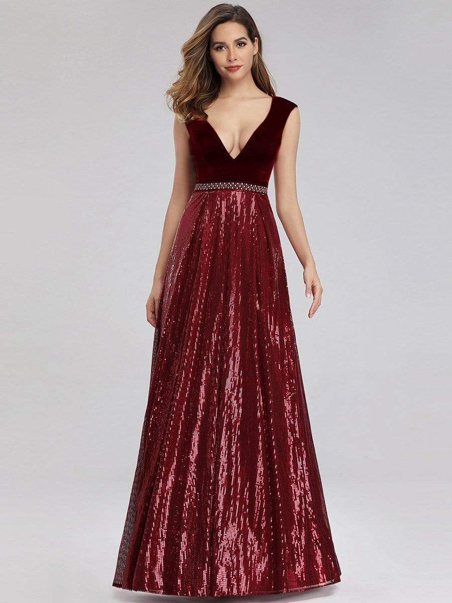 COLOR=Burgundy | Floor Length Velvet And Sequin Evening Dress-Burgundy 2