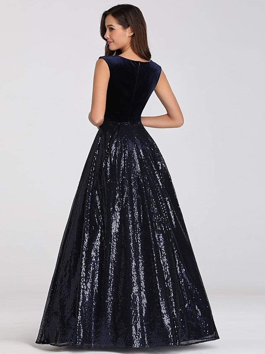 COLOR=Navy Blue | Floor Length Velvet And Sequin Evening Dress-Navy Blue 12