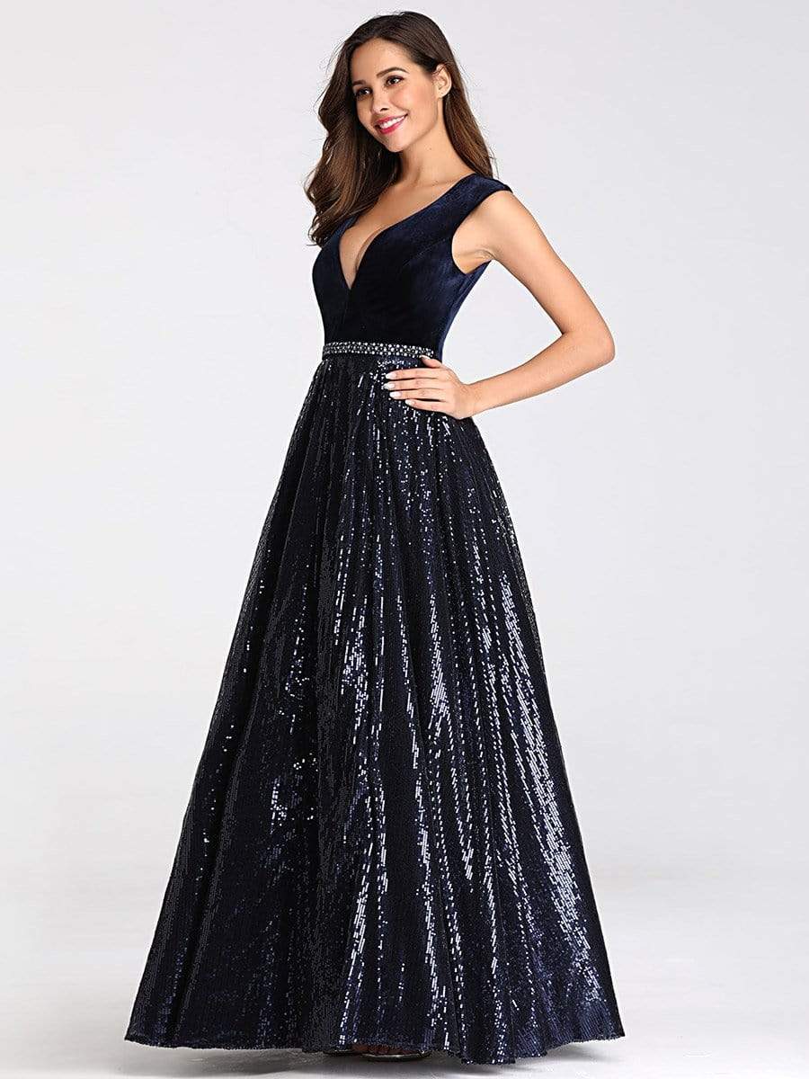 COLOR=Navy Blue | Floor Length Velvet And Sequin Evening Dress-Navy Blue 13