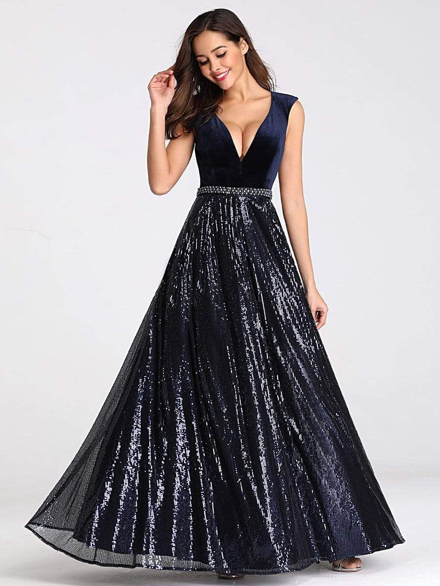 COLOR=Navy Blue | Floor Length Velvet And Sequin Evening Dress-Navy Blue 14