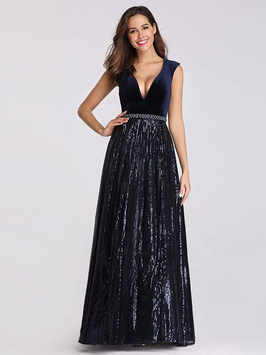 COLOR=Navy Blue | Floor Length Velvet And Sequin Evening Dress-Navy Blue 16