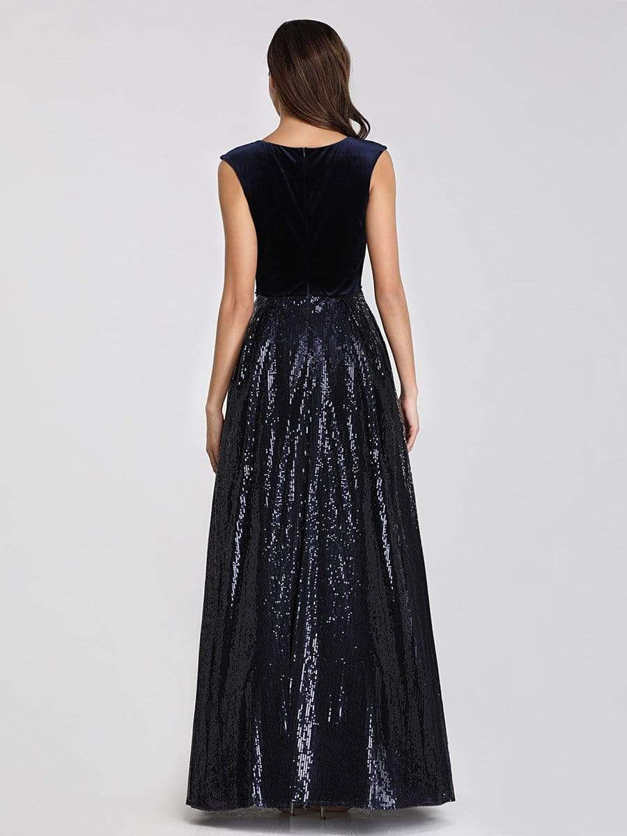 COLOR=Navy Blue | Floor Length Velvet And Sequin Evening Dress-Navy Blue 17