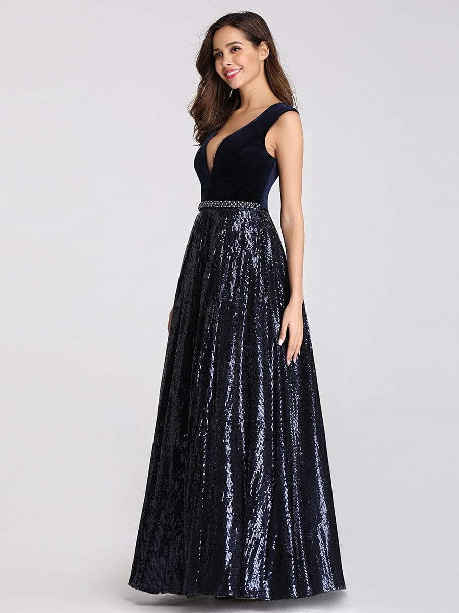 COLOR=Navy Blue | Floor Length Velvet And Sequin Evening Dress-Navy Blue 18