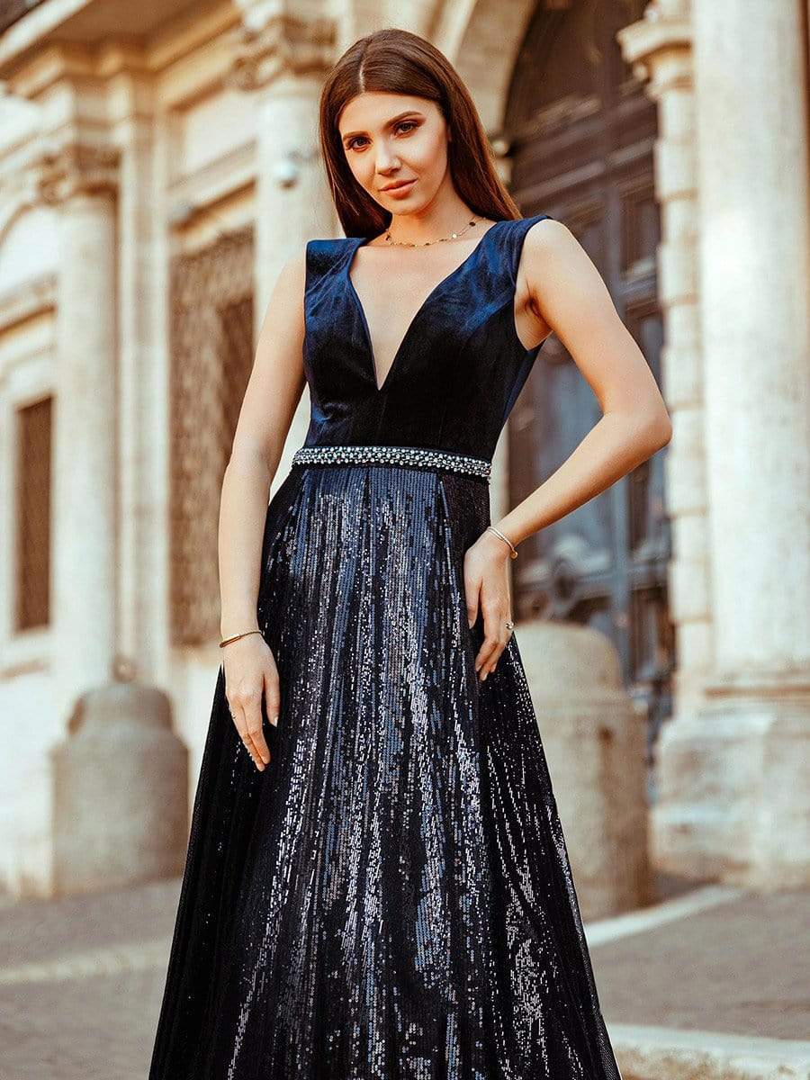 COLOR=Navy Blue | Floor Length Velvet And Sequin Evening Dress-Navy Blue 1