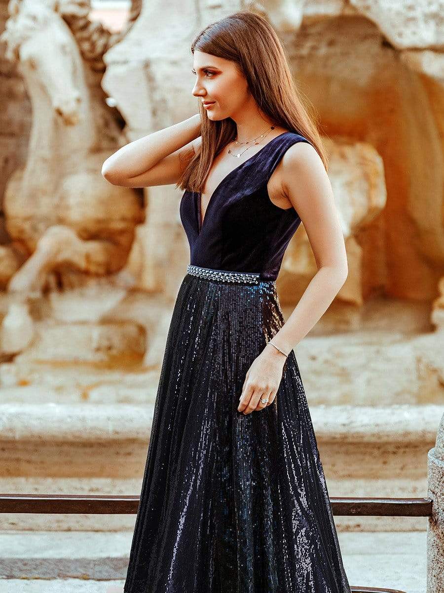 COLOR=Navy Blue | Floor Length Velvet And Sequin Evening Dress-Navy Blue 4