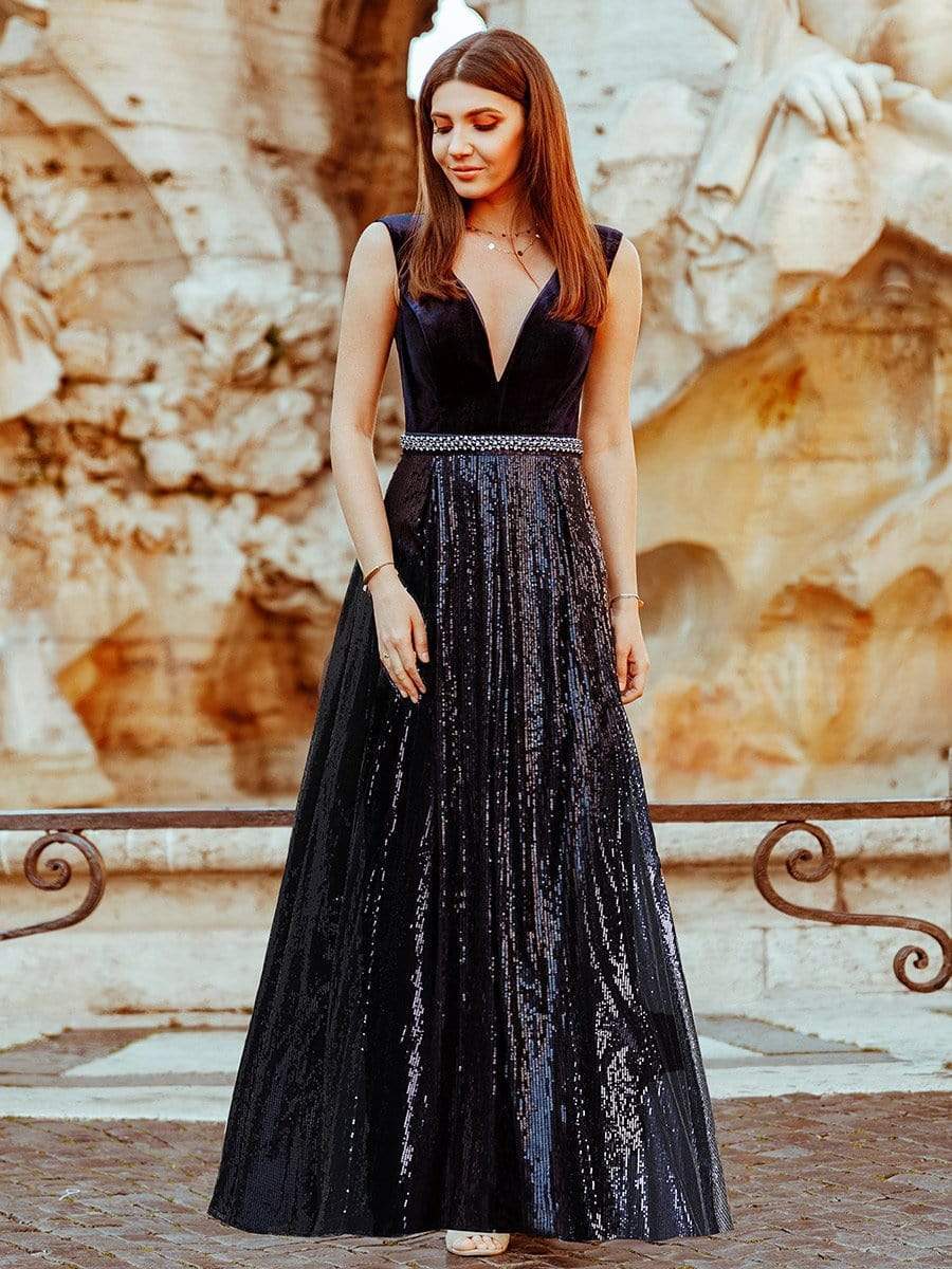 COLOR=Navy Blue | Floor Length Velvet And Sequin Evening Dress-Navy Blue 5