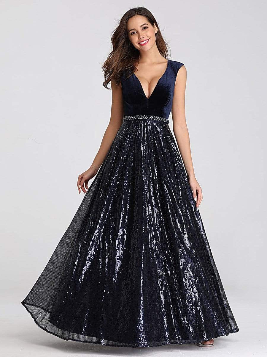 COLOR=Navy Blue | Floor Length Velvet And Sequin Evening Dress-Navy Blue 11