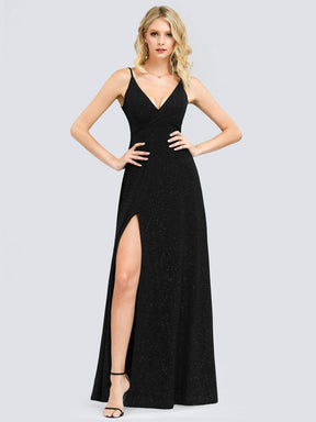 Color=Black | Shimmery Long V Neck Prom Dress With Slit-Black 4