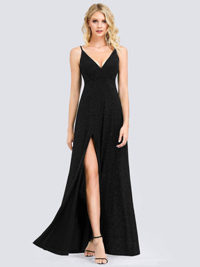 Color=Black | Shimmery Long V Neck Prom Dress With Slit-Black 1